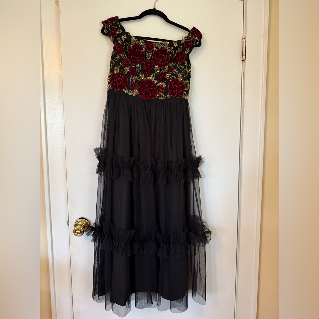 Adrianna Papell Velvet And Tulle Red & Black Midi Party Dress
